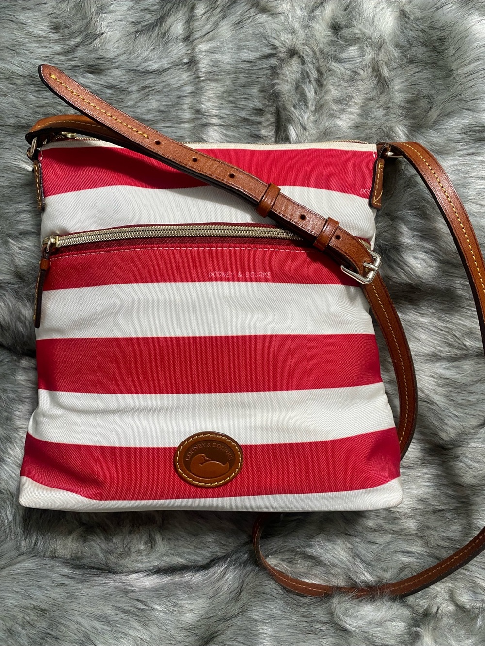 Dooney & Bourke Red and White Striped Crossbody Bag with Brown Leather Trim